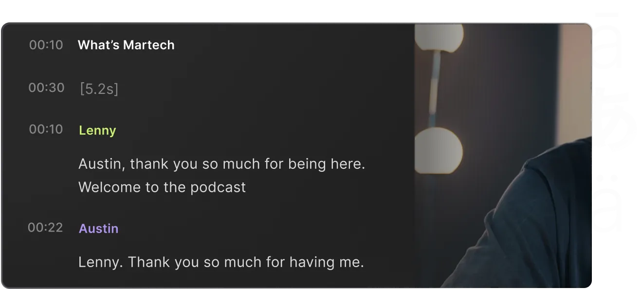 Podcast transcript snippet showing a conversation between Lenny and Austin with timestamps.